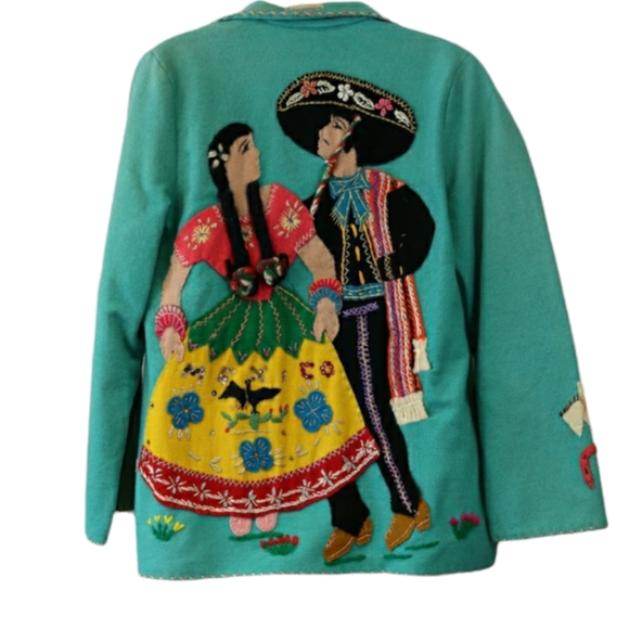 lopez Jackets & Blazers - Lopez Mexican Souvenir Wool Felt Jacket Teal Blue Applique Embroidered Embellish